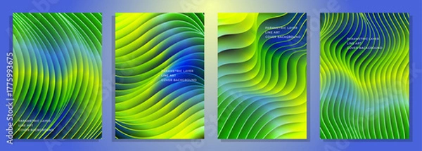 Fototapeta abstract layered line art parametric pattern blue green light spring cover poster background design set, for magazine, brochure, flyer, cover, poster, etc.