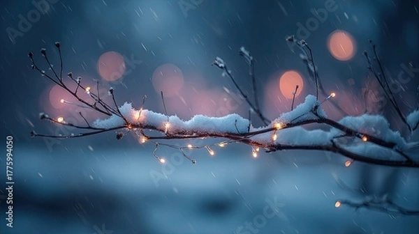 Obraz Winter Snowy Branch With Warm Lights