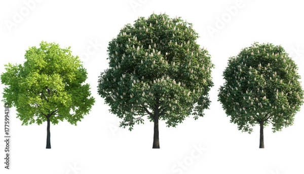 Fototapeta Three deciduous trees with green leaves isolated on transparent background