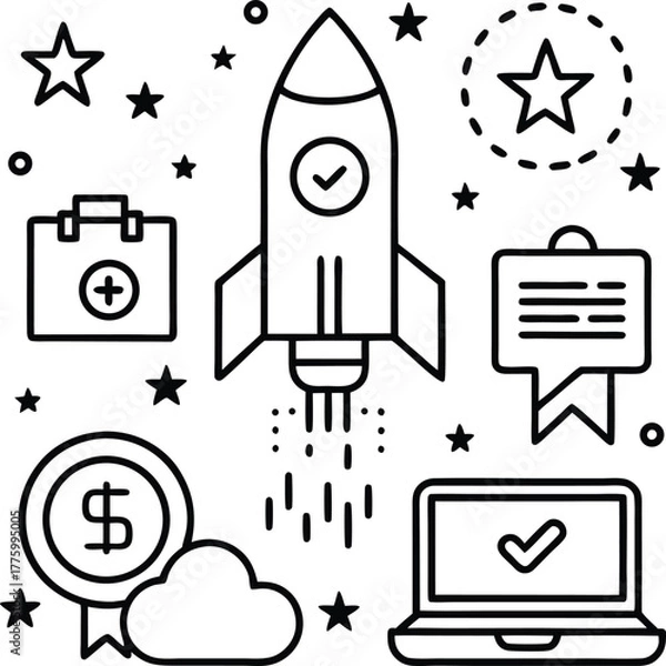 Obraz Startup business vector illustration with rocket and icons. Startup business concept.
