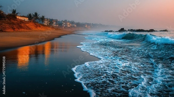 Fototapeta Ocean waves meet sandy beach at sunrise or sunset buildings in background.