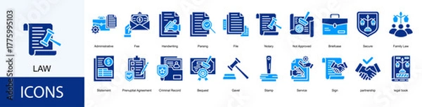 Fototapeta Law icon collection set. Containing Administrative, Fee, Handwriting, Parsing, File, Notary icon