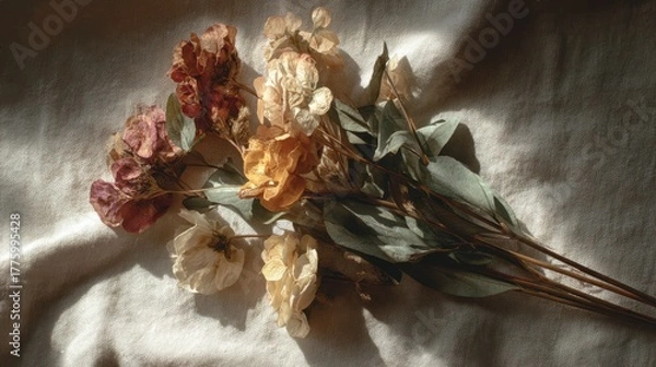 Fototapeta Elegant Floral Arrangement: A delicate bouquet of dried flowers, with soft petals and gentle textures, rests gracefully on a textured surface, bathed in the soft glow of sunlight.