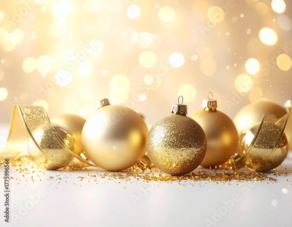 Obraz Golden Christmas Ornaments with Sparkle and Bokeh Lights