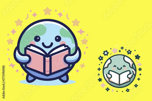 Fototapeta This is a mascot logo of the earth reading a book, suitable for use in logo designs for printing companies, paper, reading rooms, libraries, bookstores, magazines, posters, flyers, advertisements