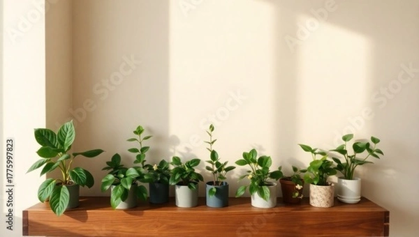 Fototapeta Lush green houseplants arranged on a wooden shelf with soft light
