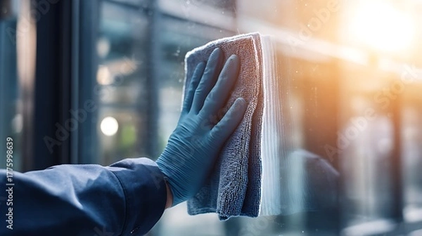 Obraz Cleaning service worker wiping glass window with rag on a sunny day