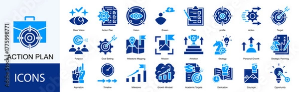 Fototapeta action plan icon collection set. Containing Vision, Dream, Plan, profile, Action, Target, Purpose, Goal Setting icon
