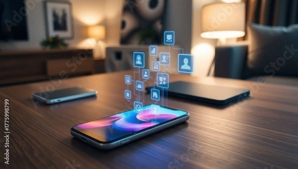 Fototapeta Smart device connects people and ideas with glowing network icons