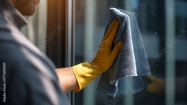 Obraz Cleaning Service Professional Wiping a Window with a Microfiber Cloth and Gloves