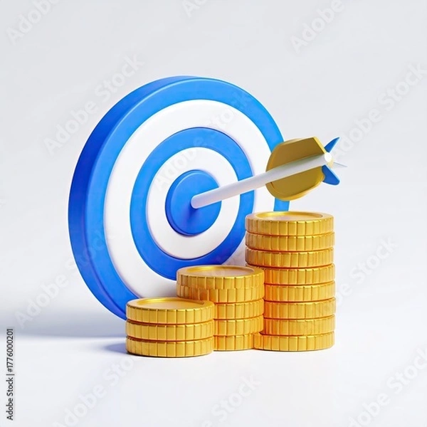 Fototapeta Arrow in target, gold coins in stack, success concept