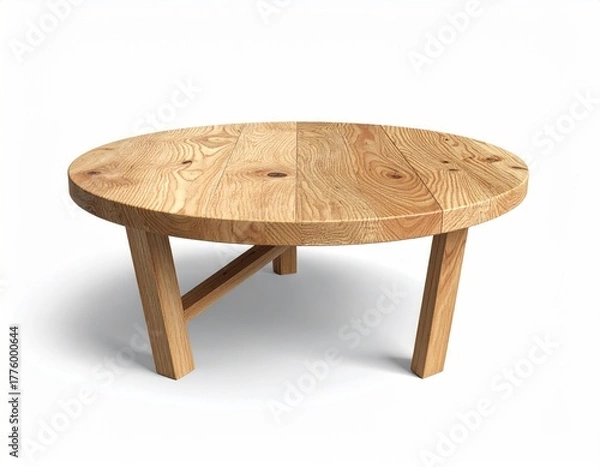 Fototapeta Round wood table, rustic grain, angled legs, cast shadow