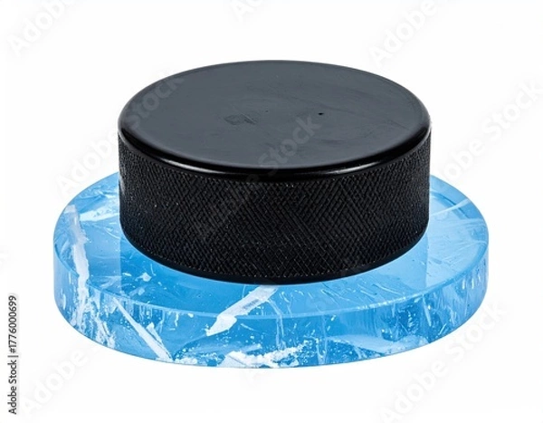 Fototapeta Hockey puck atop translucent crushed ice disc