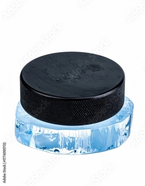 Obraz Puck sits atop clear blue ice piece, studio isolated shot
