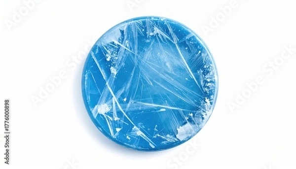 Fototapeta Blue disk with crystalline, fractured surface on white