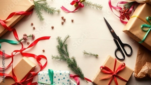 Fototapeta Wrap festive gifts with ribbons, pine, and scissors for holidays