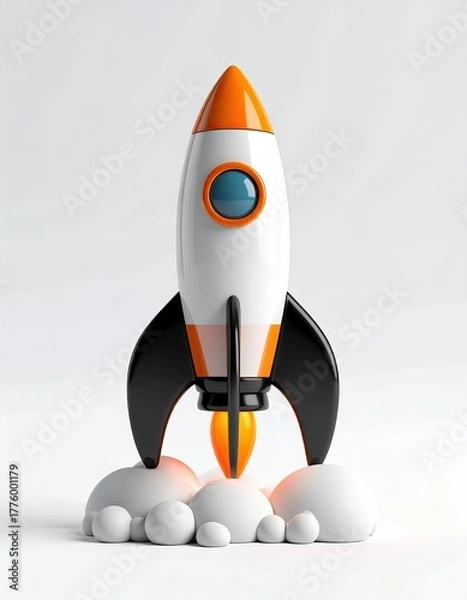 Fototapeta 3D rocket takes off with orange accents and puff clouds