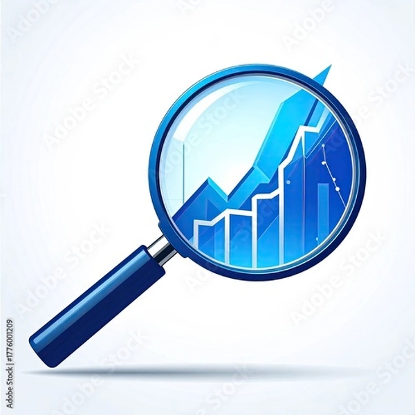 Fototapeta Magnifying glass zooms on rising blue bar and line graph