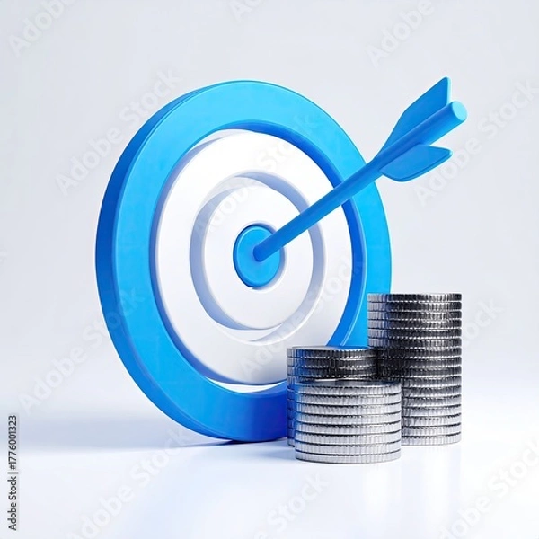 Fototapeta Target hit, arrow center, coins stacked. Aim achieved