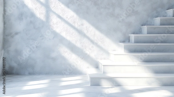 Obraz Abstract white concrete interior with stairs and sunlight creating serene atmosphere. minimalist design emphasizes simplicity and elegance