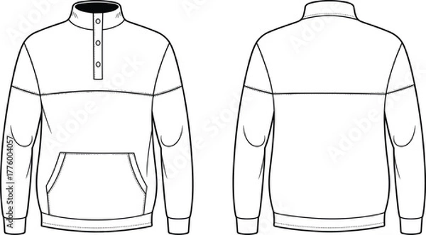 Fototapeta Half button pullover sweatshirt front and back flat fashion sketch vector template with kangaroo pocket and long sleeve casual design