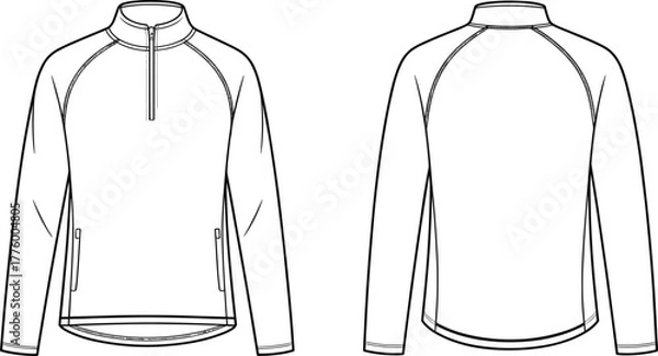Obraz Quarter zip pullover jacket front and back flat fashion vector template with raglan sleeves and athletic performance wear technical sketch
