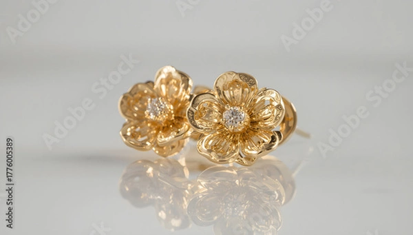 Fototapeta Two golden flower-shaped earrings with a small diamond in the center, resting on a reflective surface.