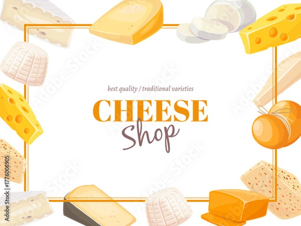 Fototapeta Cheese types frame. Delicious food border, dairy products of different grades, brie, maasdam, mozzarella and parmesan, organic quality various cooking ingredients, classy vector concept