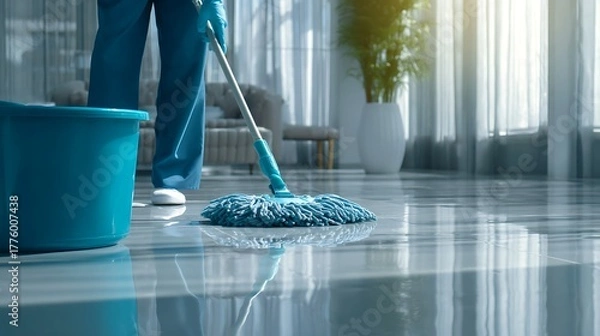 Obraz Professional cleaning service worker meticulously mopping a glossy floor in a bright, modern interior with sunlight from the windows