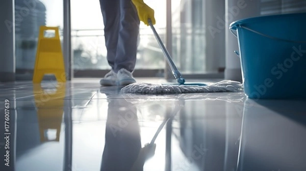 Obraz Professional cleaning service worker meticulously mops a shiny, reflective floor in a sunlit commercial building