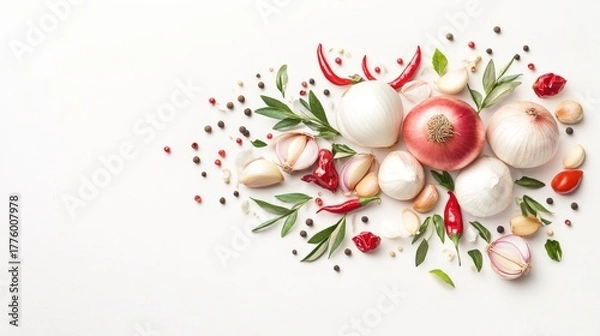 Fototapeta 66.A detailed top view of a fresh bunch of onions and garlic cloves, with scattered red hot chili peppers, peppercorns, and cumin seeds, positioned beautifully against a smooth white background that