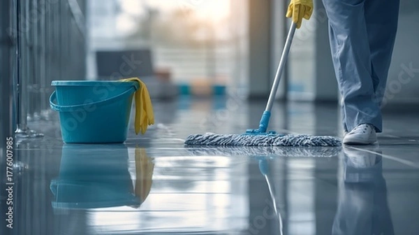 Obraz Professional Cleaner Mopping a Shiny Floor with Bucket in the Background