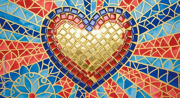 Obraz  Oriental Heart Mosaic with gold and gemstones. Colorful background with a complex geometric pattern. Oriental motifs, jewelry.. Perfect for luxury designs and ethnic patterns.