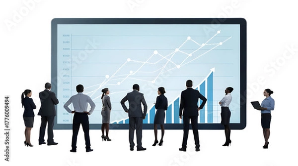 Fototapeta Diverse business team analyzing financial growth data and success metrics displayed on a large screen isolated on transparent background.