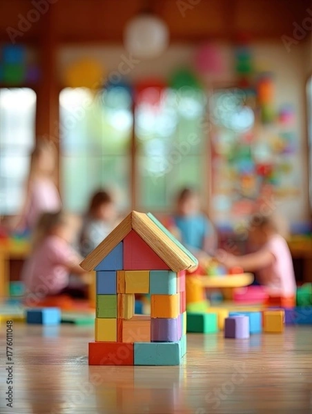 Obraz Colorful Building Blocks House In Classroom Play Area