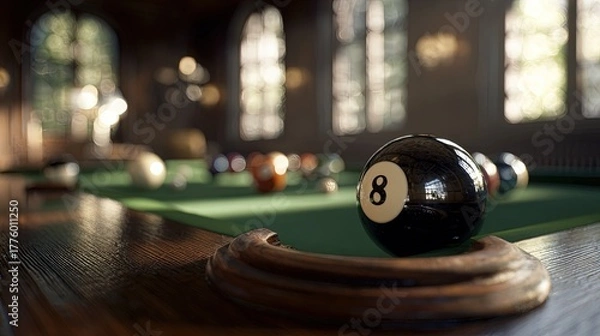 Obraz Close Up Of 8 Ball On Pool Table In Dark Room
