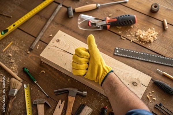 Fototapeta Craftsmanship Confidence: A carpenter's hand, adorned in a protective glove, gives a thumbs-up of approval over a wooden plank, surrounded by an array of tools on a textured surface.
