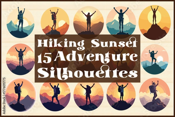 Fototapeta Hiking adventure silhouettes for outdoor lifestyle