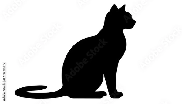 Obraz Black silhouette of a cat sitting upright, facing to the right, against a plain white background