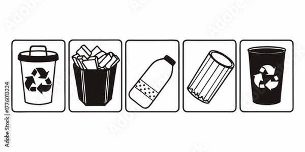 Fototapeta Illustration of five containers including recycling bins and a trash can with waste items