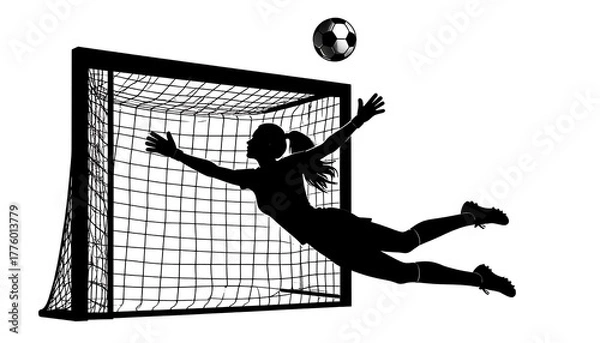 Obraz Black silhouette of a goalkeeper diving for a soccer ball in front of a goal, against a white background