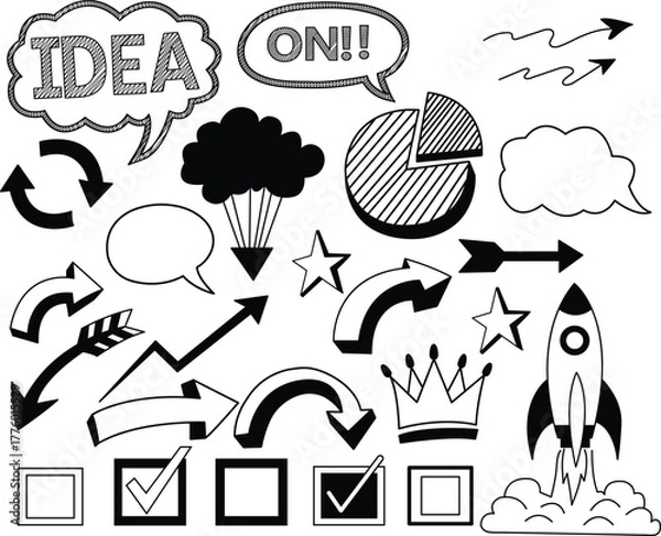 Obraz A bold black and white hand-drawn collage of business and creativity icons featuring rockets, arrows, speech bubbles, bar graphs, crowns, checkmarks, and stars all sketched in an energetic doodle 