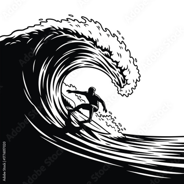 Fototapeta Silhouette of a surfer riding a large wave, black and white