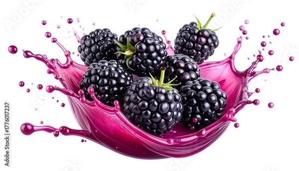 Fototapeta Blackberries burst with purple liquid, creating a vibrant splash on a white background