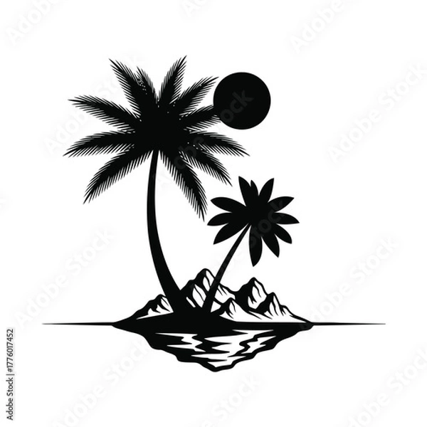 Obraz Silhouette of palm trees on an island with mountains and reflection