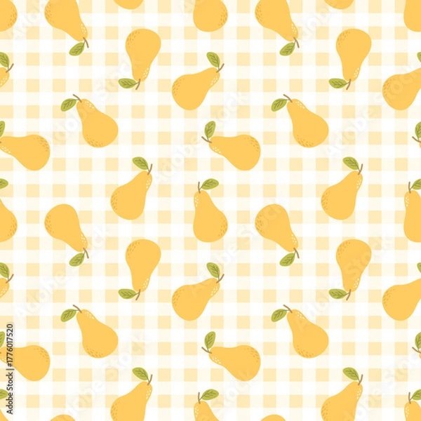Fototapeta Summer seamless pattern with gingham pattern of fruits. healthy food set and pear cartoon background.