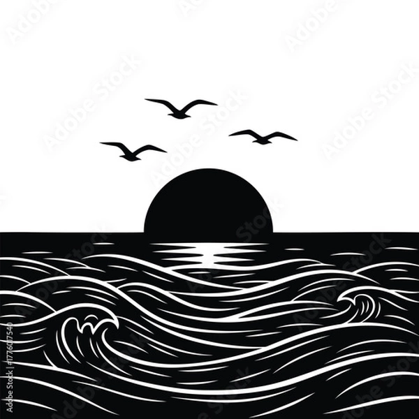 Fototapeta Stylized black and white illustration of a sunset over the ocean with birds