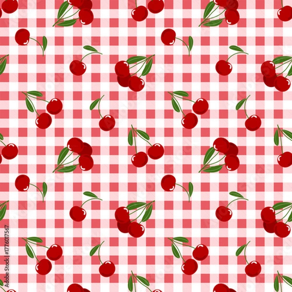 Fototapeta Summer seamless pattern with gingham pattern of fruits. healthy food set and cherry cartoon background.	