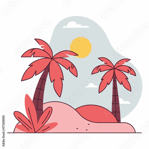 Obraz Flat design tropical island with palm trees and sun