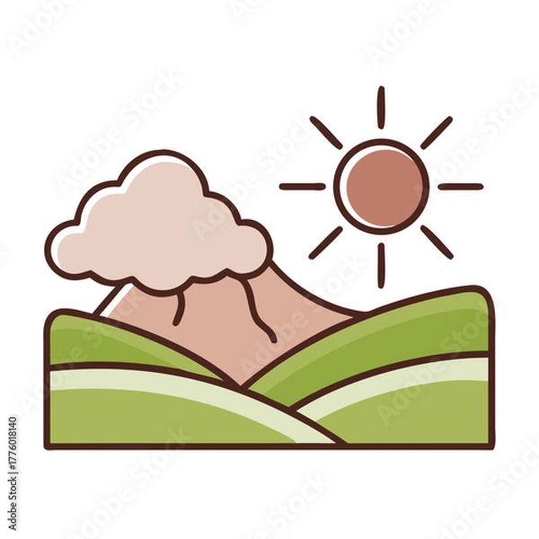 Obraz Flat vector landscape with sun mountain and green hills